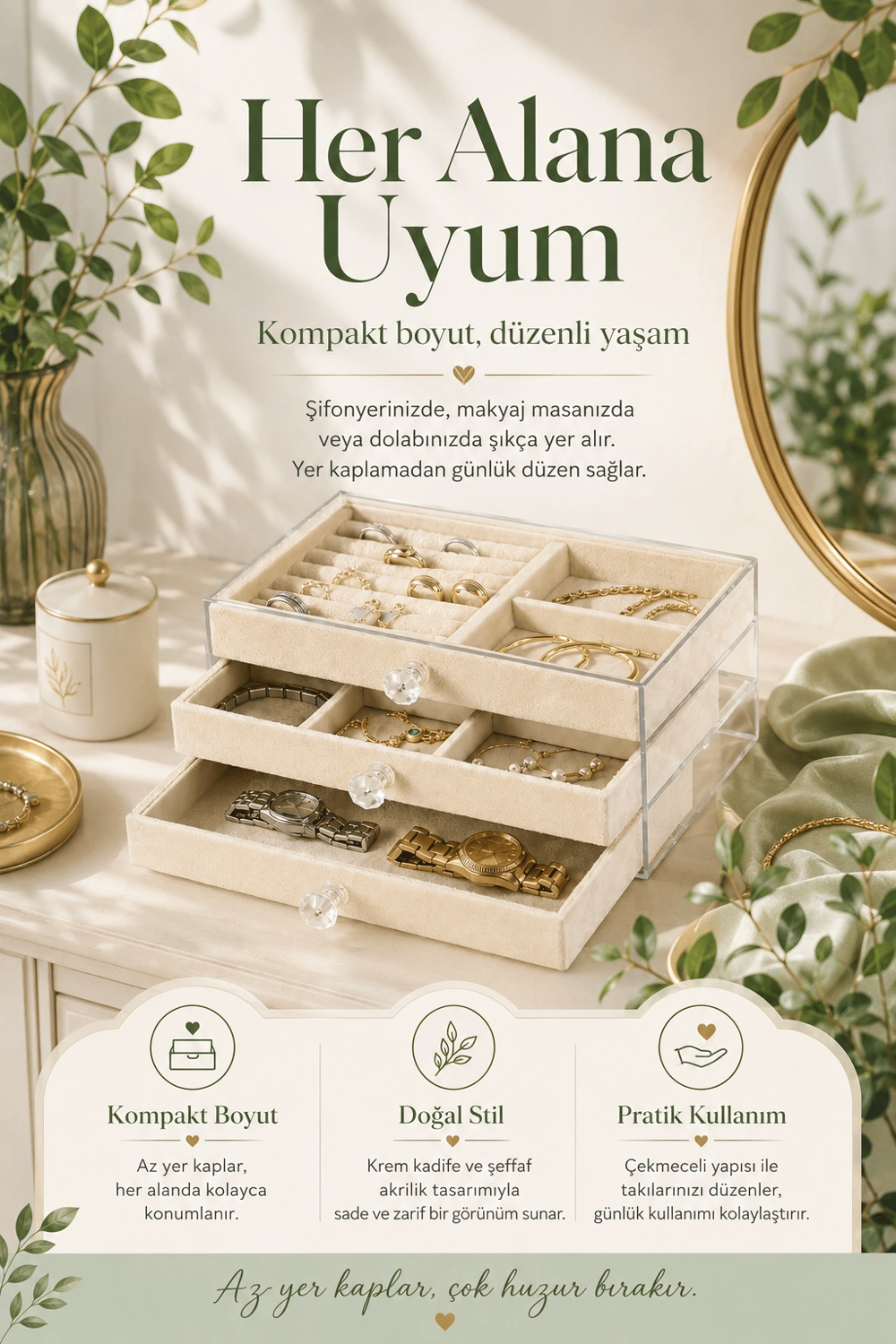 Yüzük Kolye Bileklik Saat İçin Çekmeceli Kadife Takı Organizer Kutusu