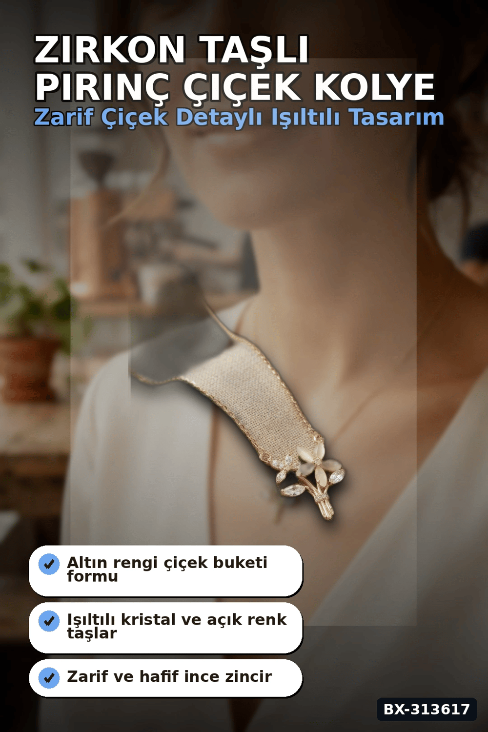 Zirkon Taşlı Pirinç Çiçek Kolye 45 cm Zincirli Görünümlü Kadın Takısı BX-313617