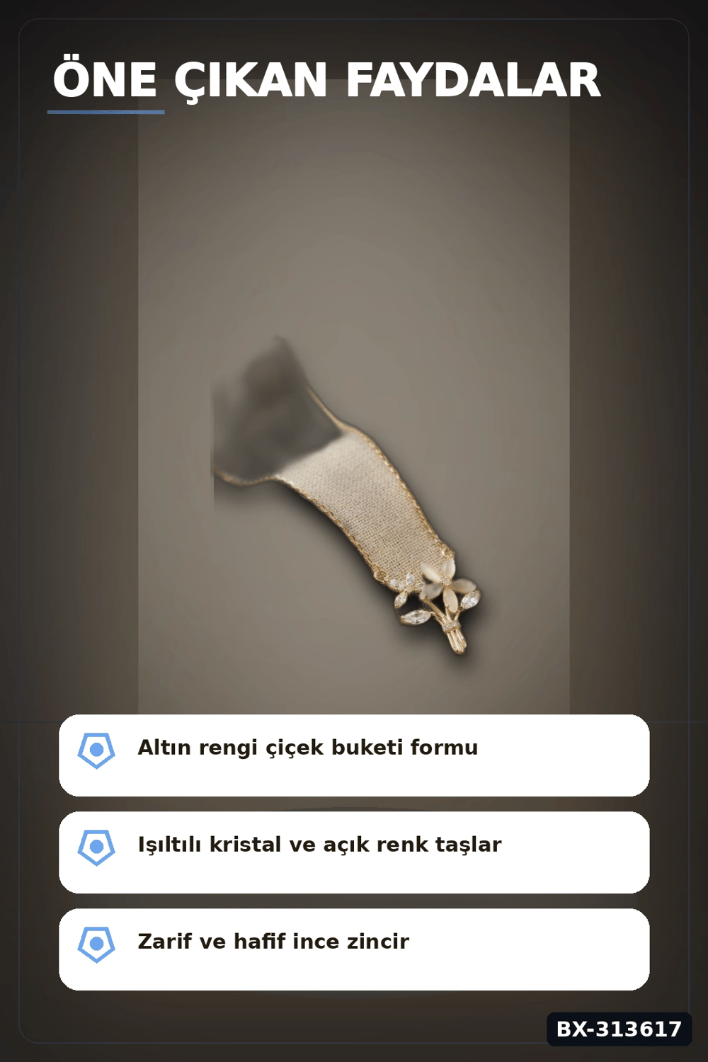 Zirkon Taşlı Pirinç Çiçek Kolye 45 cm Zincirli Görünümlü Kadın Takısı BX-313617