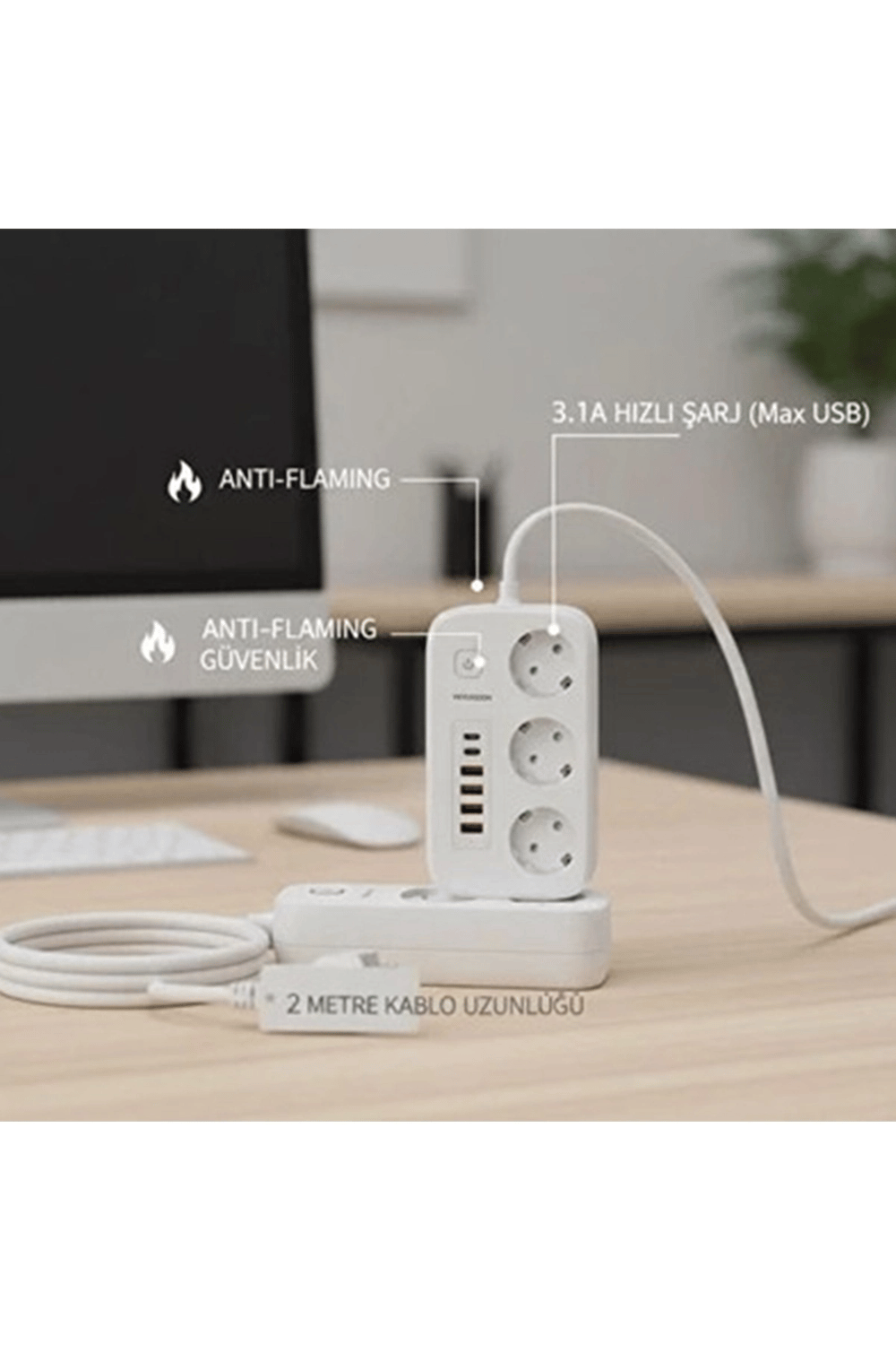akım Korumalı Priz Ve Masaüstü Şarj İstasyonu Kablosuz 3 Priz ,4 Usb, 2 Type-c Girişli 2 Metre