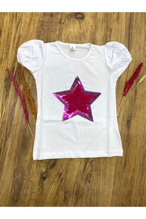 23 Nisan Kız Çocuk Beyaz Yıldız Nakışlı Pullu T-shirt 0-24