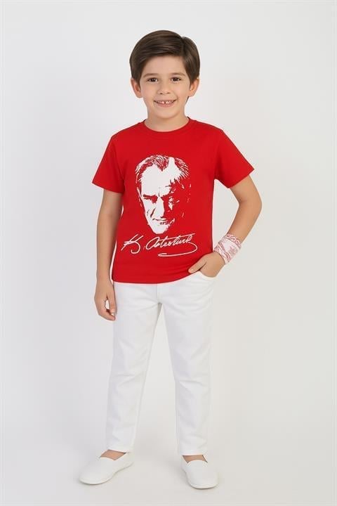 Çocuk Unisex Kısa Kol Atatürk Baskılı T-shirt (Yalnızca Tshirt) 29 Ekim Gösteri Kıyafeti