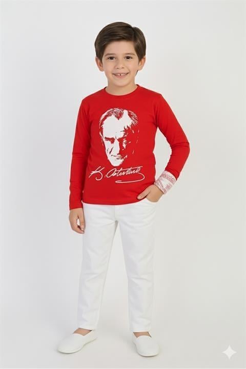 Çocuk Unisex Uzun Kol Atatürk Baskılı T-shirt (Yalnızca Tshirt) 29 Ekim Gösteri Kıyafeti