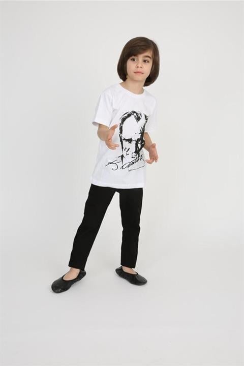 Erkek Çocuk Beyaza Siyah Atatürk T-shirt Keten Pantolon 29 Ekim 23 Nisan Gösteri Pantolonu