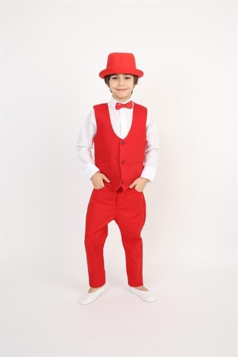 Erkek Çocuk Takım Şapka Yelek Gömlek Pantalon Papyon Kırmızı Kostüm Gösteri Kıyafeti
