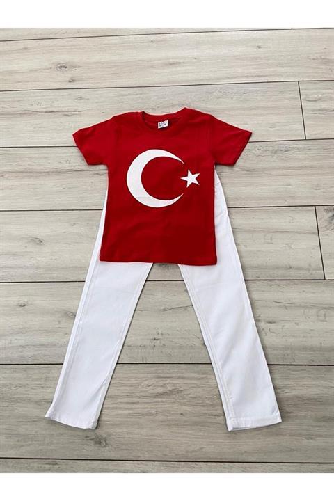 Kırmızı Türk Bayrağı Kısa Kol Tişört Beyaz Pantolon Alt Üst Takım