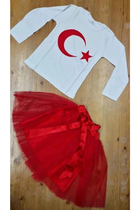 Kız Çocuk 23 Nisan 29 Ekim Gösteri Doğum günü Kıyafeti Desenli Uzun Kol T-shırt Tütü Etek Takım