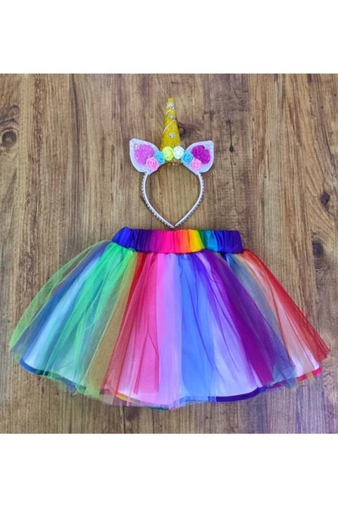 Kız Çocuk Rengarenk Tütü Astarlı Etek Ve Unicorn Tacı