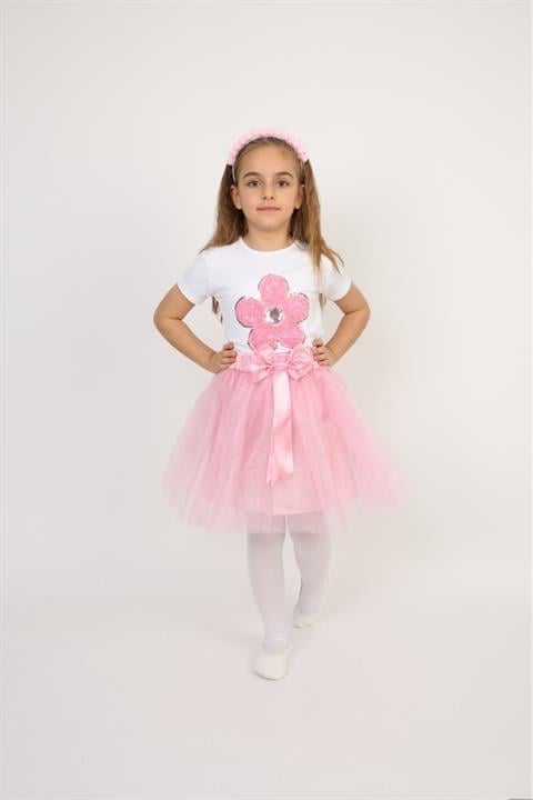 Pembe Tütü Etek Çiçekli T-shırt Kız Çocuk Alt-üst Takım 23 Nisan 19 Mayıs Gösteri Kıyafetleri