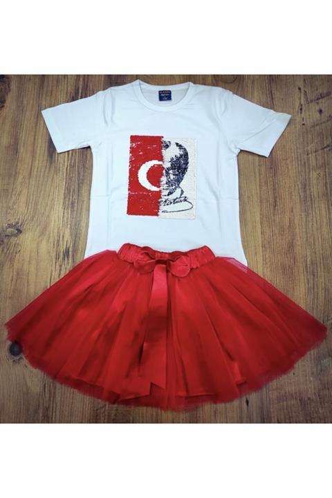 Tütü Etek Pul Payet Atatürk Baskılı T-shirt 23 Nisan 29 Ekim Gösteri Kıyafeti