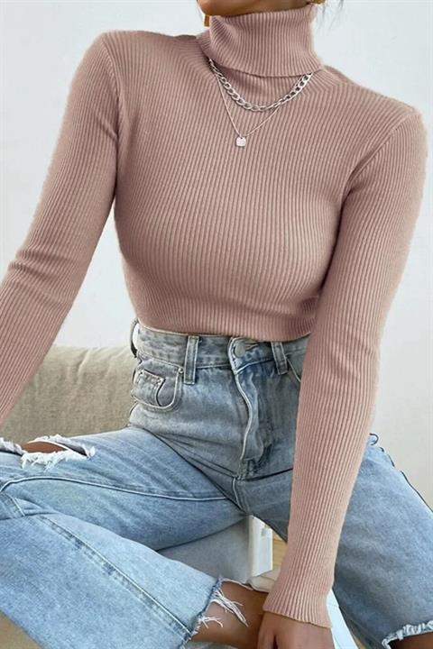 Unisex Pudra Pamuklu Kumaş Balıkçı Yaka Kaşkorse Şardonlu Pamuklu Slimfit Boğazlı Kazak
