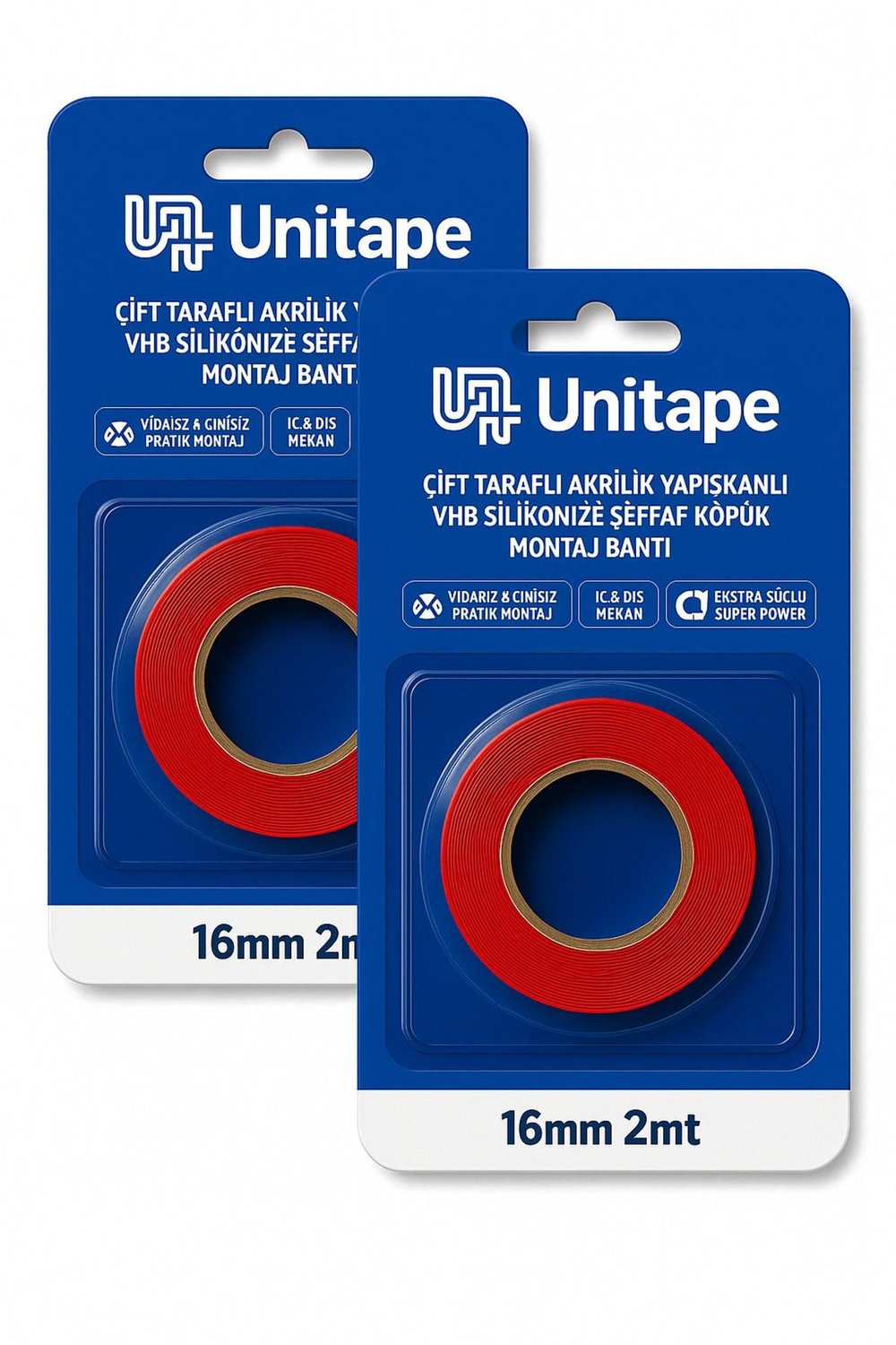UniTape Çift Taraflı Yapışkanlı Silikon Montaj Bantı 2'li Avantaj Paketi 16mm2mt Şeffaf