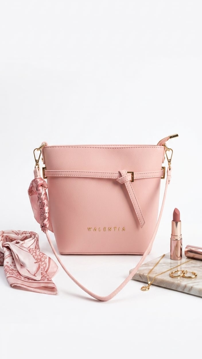 Walentia Kadın Fularlı Kemer Detaylı Kova Omuz Çantası-Pudra Pembe (Pembe desenli fularlı)