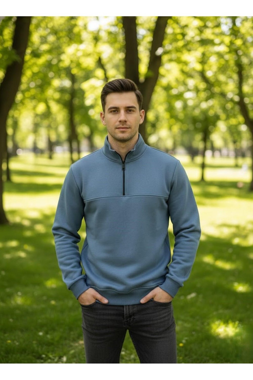 Unisex Relax Fit Rahat Kesim Pamuklu İçi Polarlı 3 İplik Yarım Fermuarlı Dik Yaka Sweatshirt