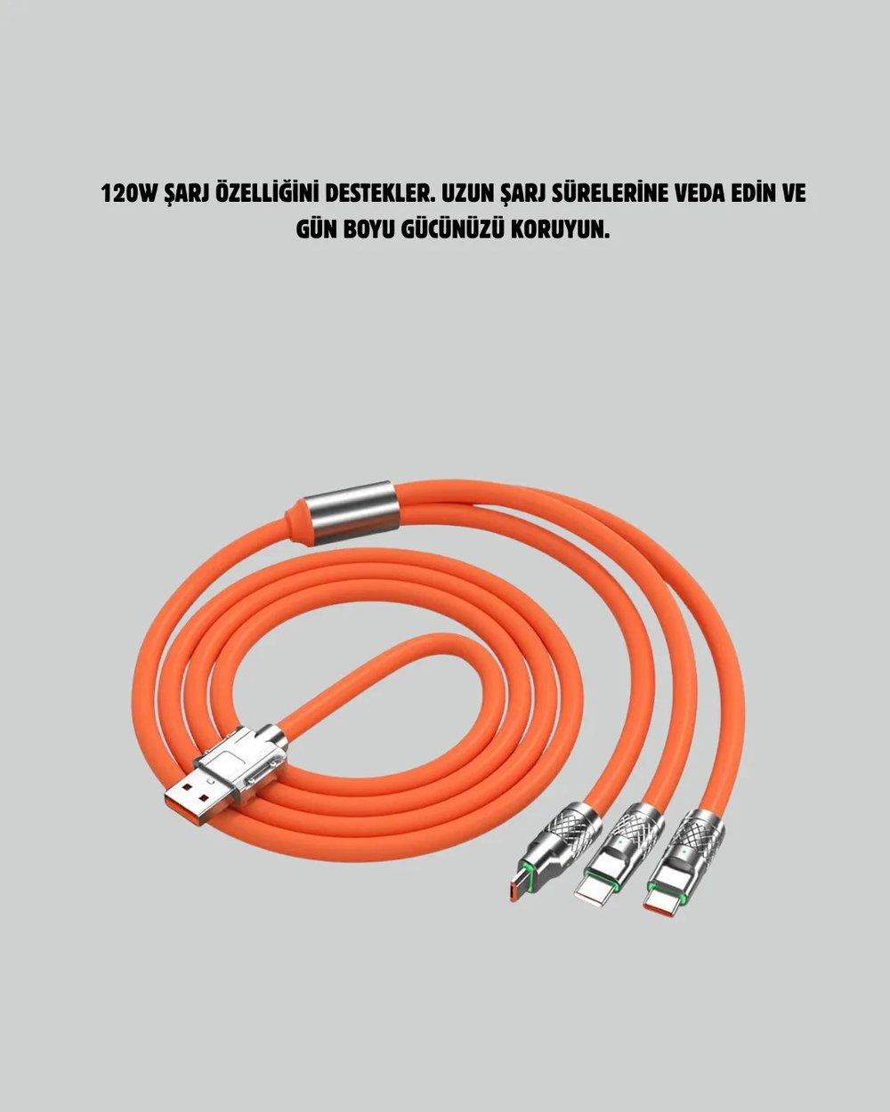 120 W Şarj ve Veri Aktarımı Kablo– 3 Başlıklı Çok Amaçlı Kablo Yüksek Hızlı
