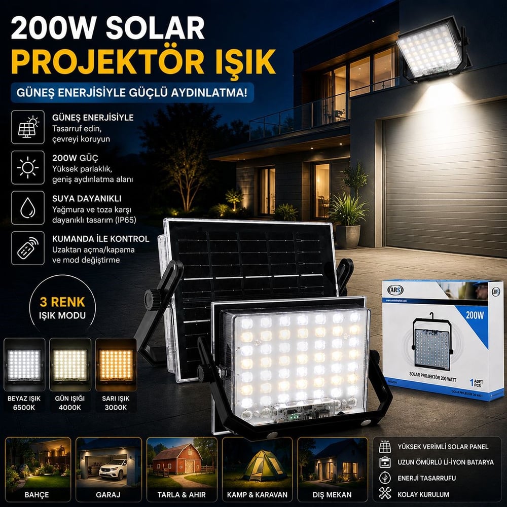200W Güneş Enerjili LED Projektör - Kamp & Dış Mekan