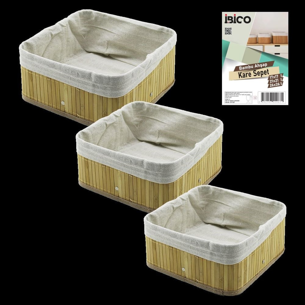 3lü Kare Organizer Sepet Seti - Bambu Kenarlı Ahşap Taban Bez Astarlı (17x17 / 21x21 / 26x26 cm)