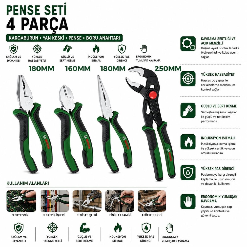 4 Parça Pense Seti - 10 inç Papağan, 7 inç Pense, 6 inç Yan Keski, 7 inç Kargaburnu