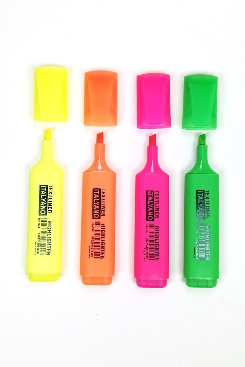 4lü Neon Renk İtalyano Fosforlu Kalem Ergonomik Tasarım Kolay Kullanım Fosforlu İşaret Kalemi