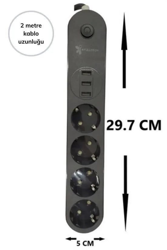 4lü Siyah Anahtarlı 3 Usb Li Akım Korumalı Topraklı Çocuk Korumalı Grup Priz 2 Metre