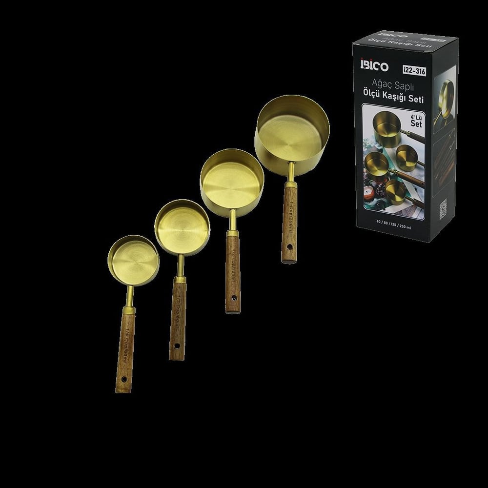 4lü ölçü kaşık seti (250/125/80/60 ml) - gold metal ahşap saplı
