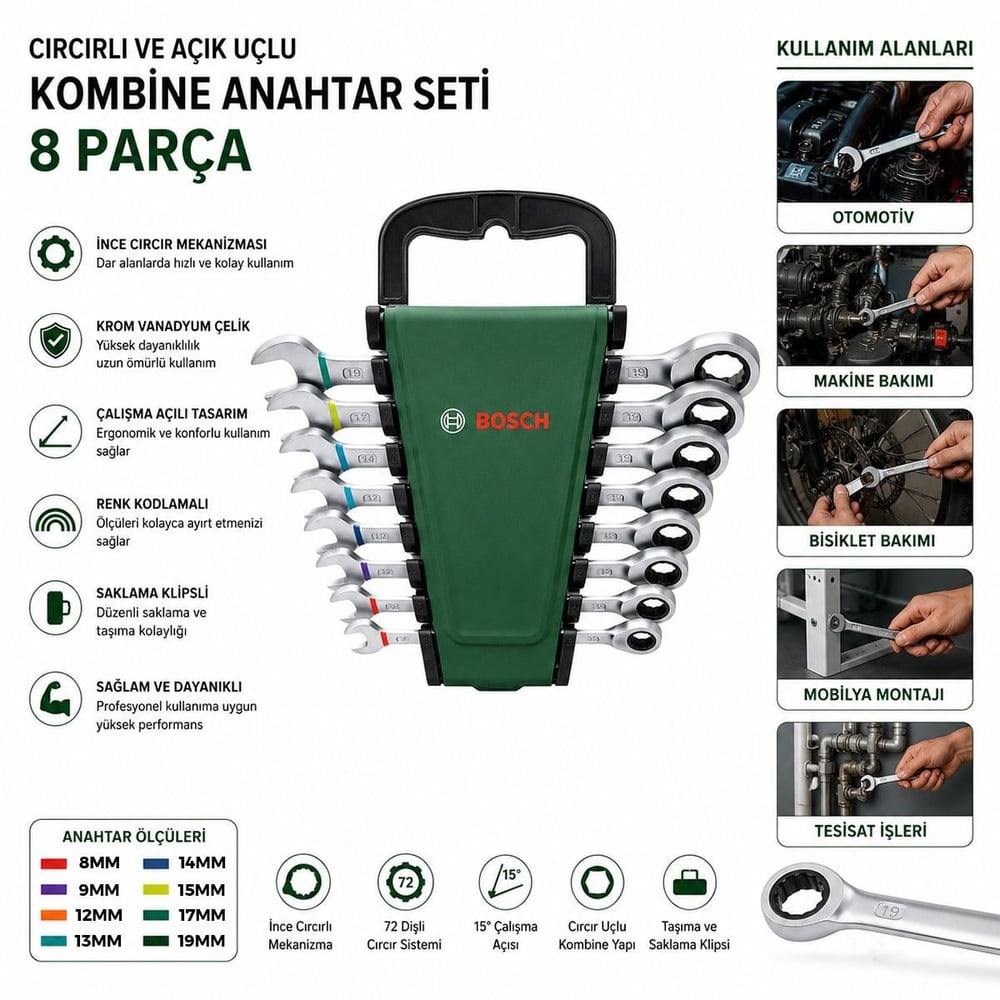 8 Parça 8-19 mm Kombine Anahtar Takımı (Plastik Standlı, Taşıma Aparatlı)