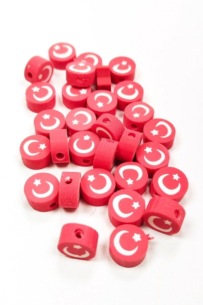 90 Adet 10 mm Polimer Kil Fimo Boncuk Takı Bileklik + 5 Metre Lastikli Misina Hediye - Türk Bayrağı