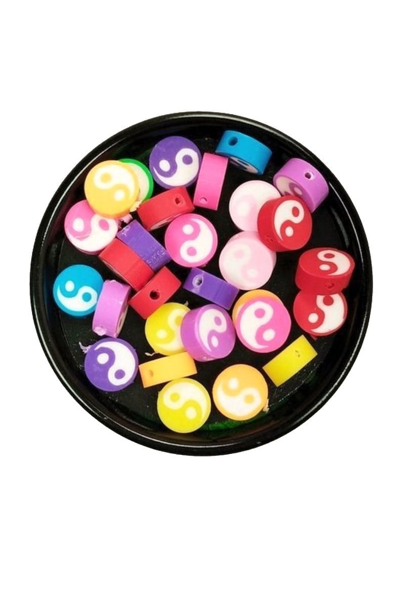 90 Adet 10 mm Polimer Kil Fimo Boncuk Takı Bileklik + 5 Metre Lastikli Misina Hediye - Renkli Yin Yang