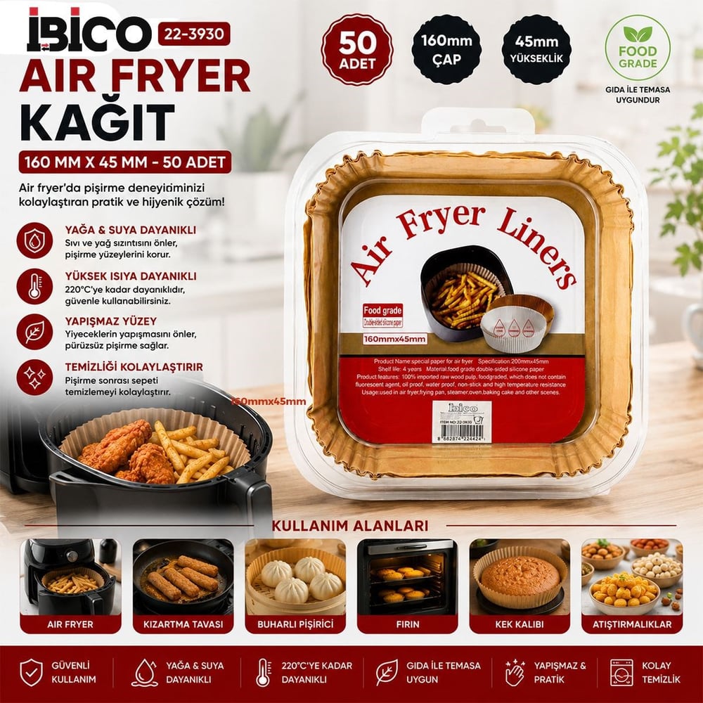 Air Fryer Kağıt Pişirme Kalıbı Kare 16x4.5 cm 50li