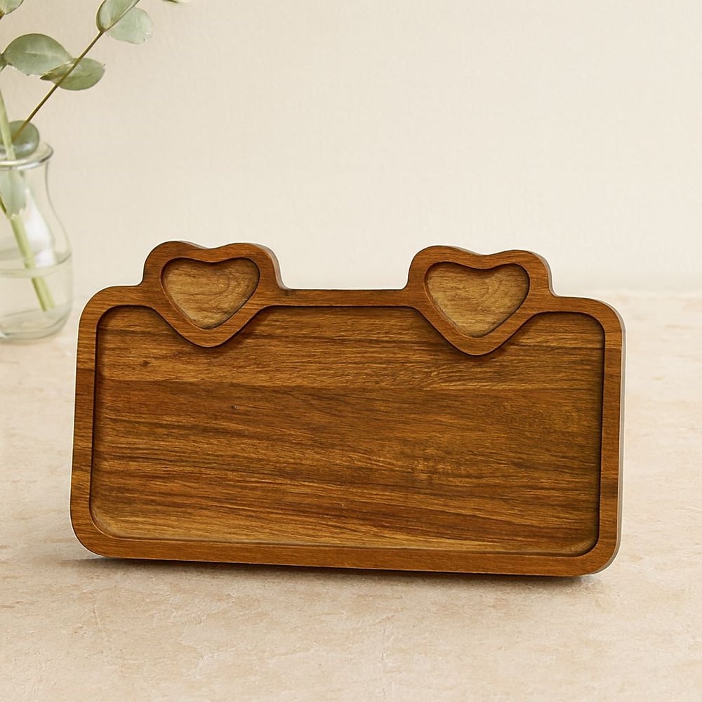 Akasya Ahşap Servis Tepsisi 25x14 cm (Kulplu, Kalp Bölmeli)