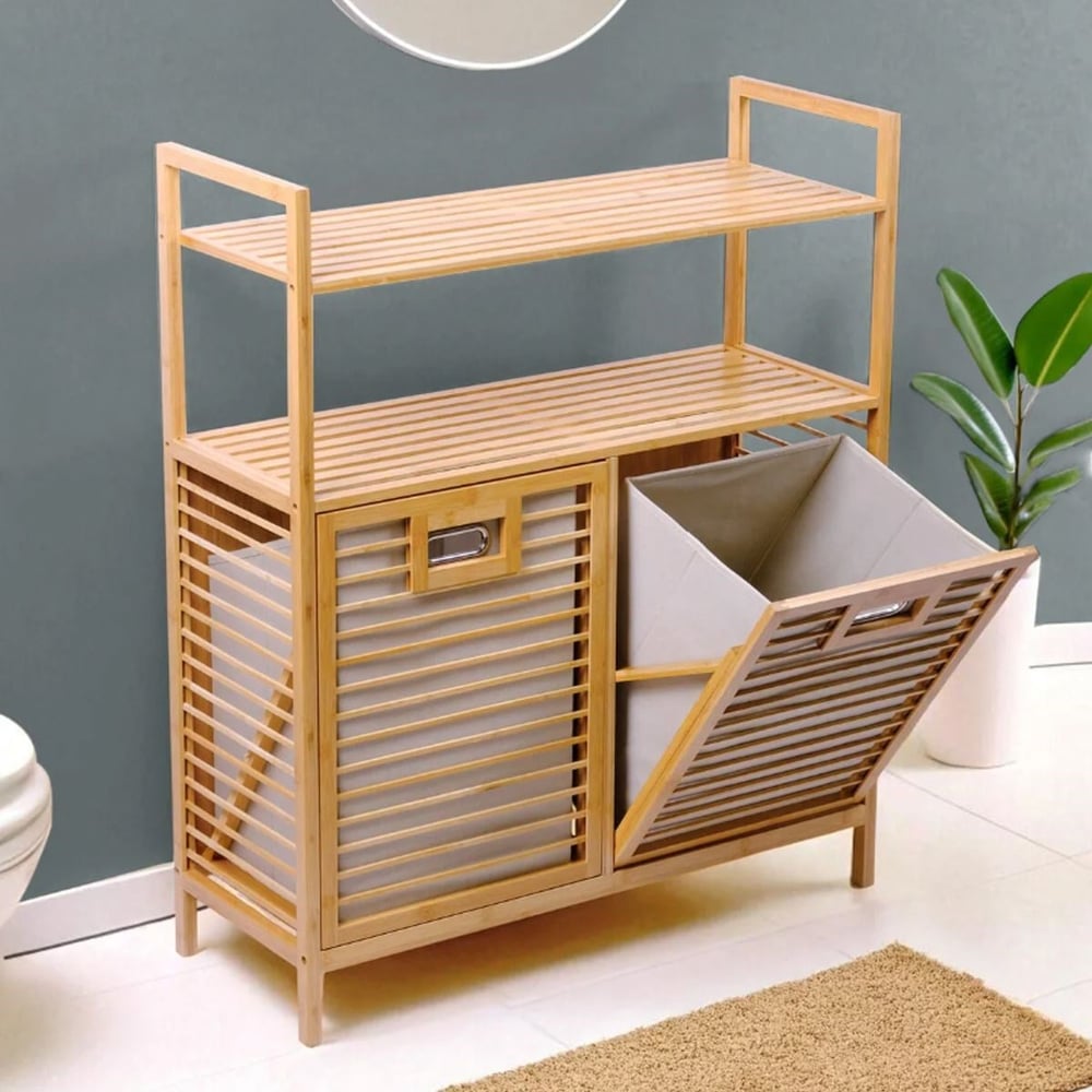 Bambu Kirli Çamaşır Sepeti 2 Bölmeli 2 Kat Organizer 80x33x87 cm