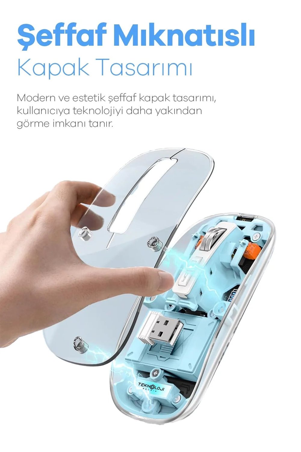 Bluetooth USB Çift Modlu Sessiz Mouse, Şeffaf Mıknatıslı Kapaklı, Type-C Şarjlı, DPI Ayarlı, Kablosuz 10m Çekim Mesafeli, Masaüstü Kısayol Tuşlu, Taşınabilir Şarjlı Mouse Beyaz