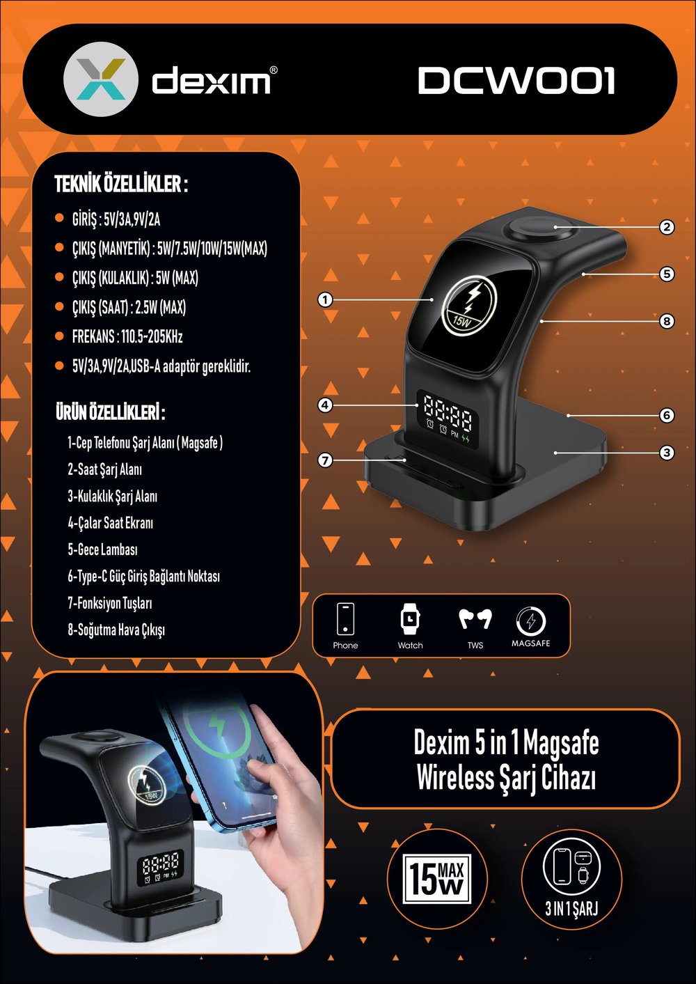 Dexim 5in1 Magsafe Wireless Şarj Cihazı
