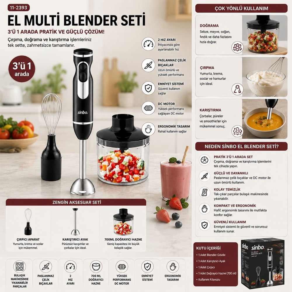 El Blender Seti 700 ml Paslanmaz Çelik Bıçak 2 Hız
