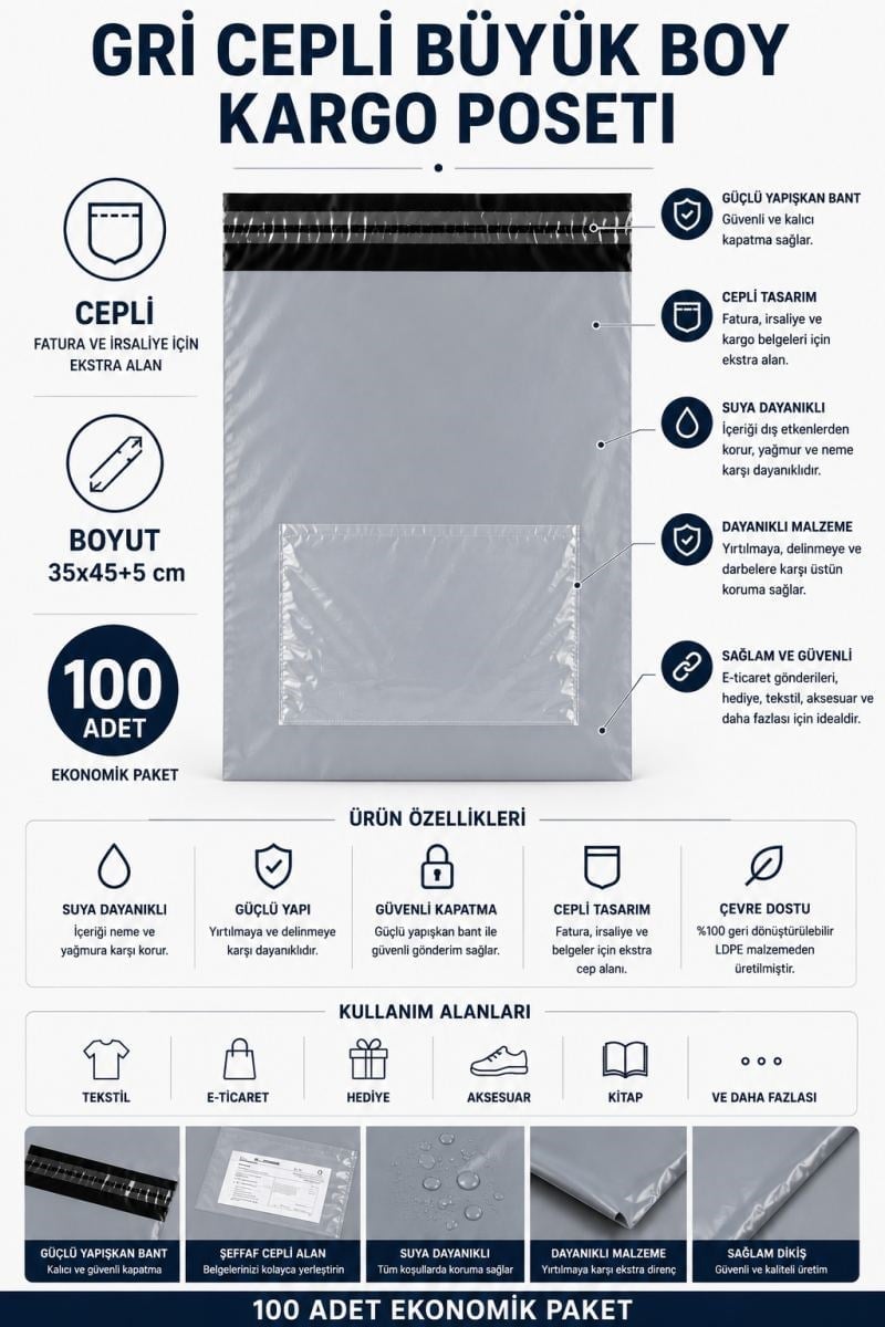 Gri Cepli Büyük Boy Kargo Poşeti 35x45+5 Cm 100 Adet