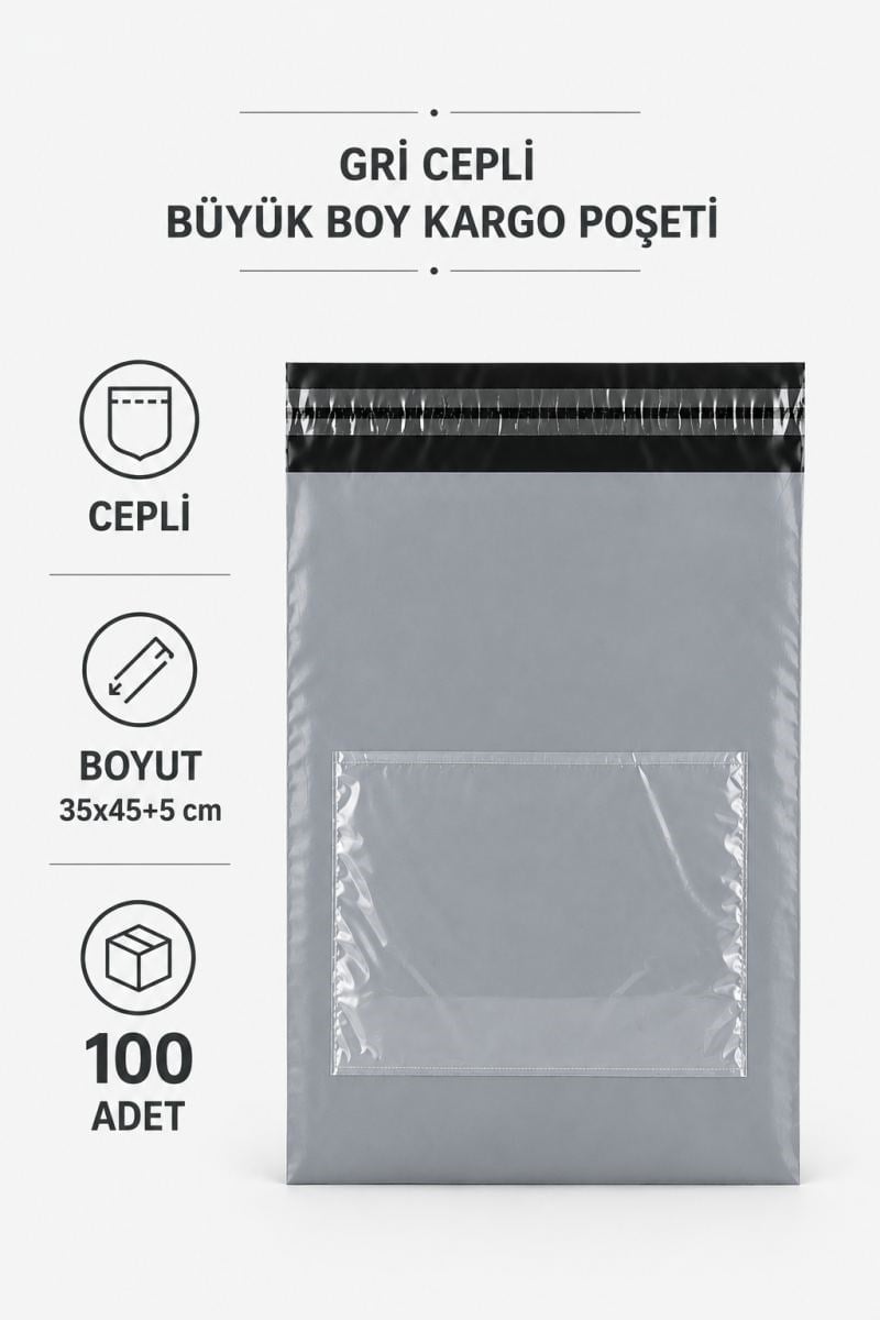 Gri Cepli Büyük Boy Kargo Poşeti 35x45+5 Cm 100 Adet