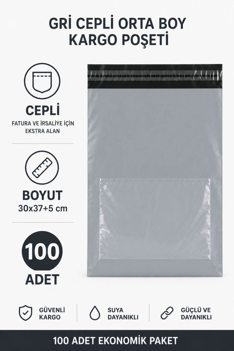 Gri Cepli Orta Boy Kargo Poşeti 30x37+5 Cm 100 Adet