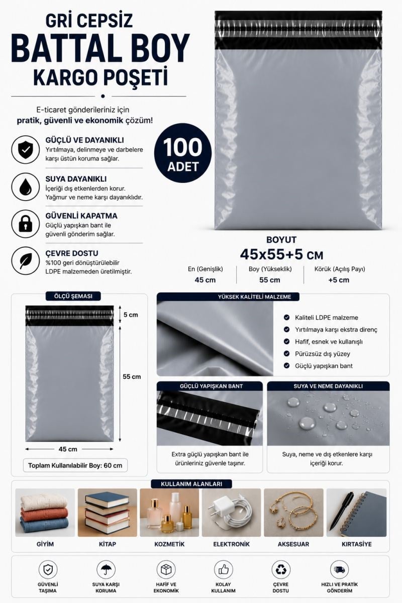 Gri Cepsiz Battal Boy Kargo Poşeti 45x55+5 Cm 100 Adet