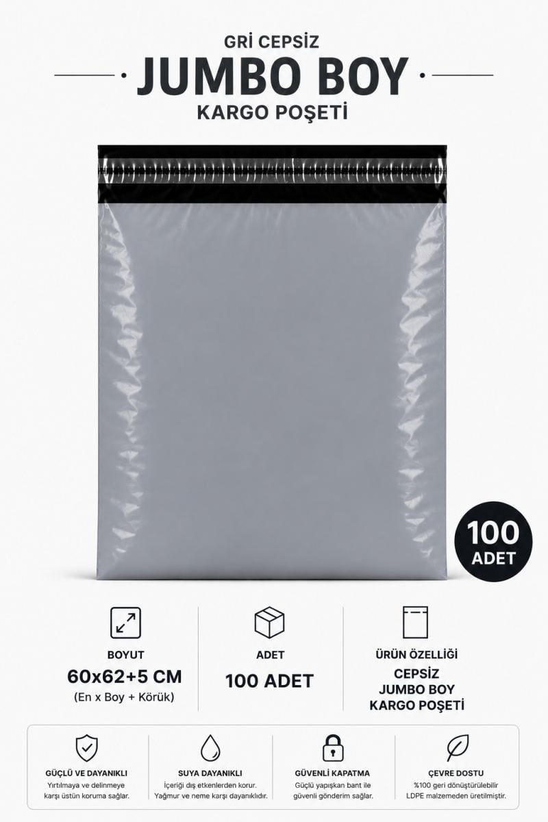 Gri Cepsiz Jumbo Boy Kargo Poşeti 60x62+5 Cm 100 Adet