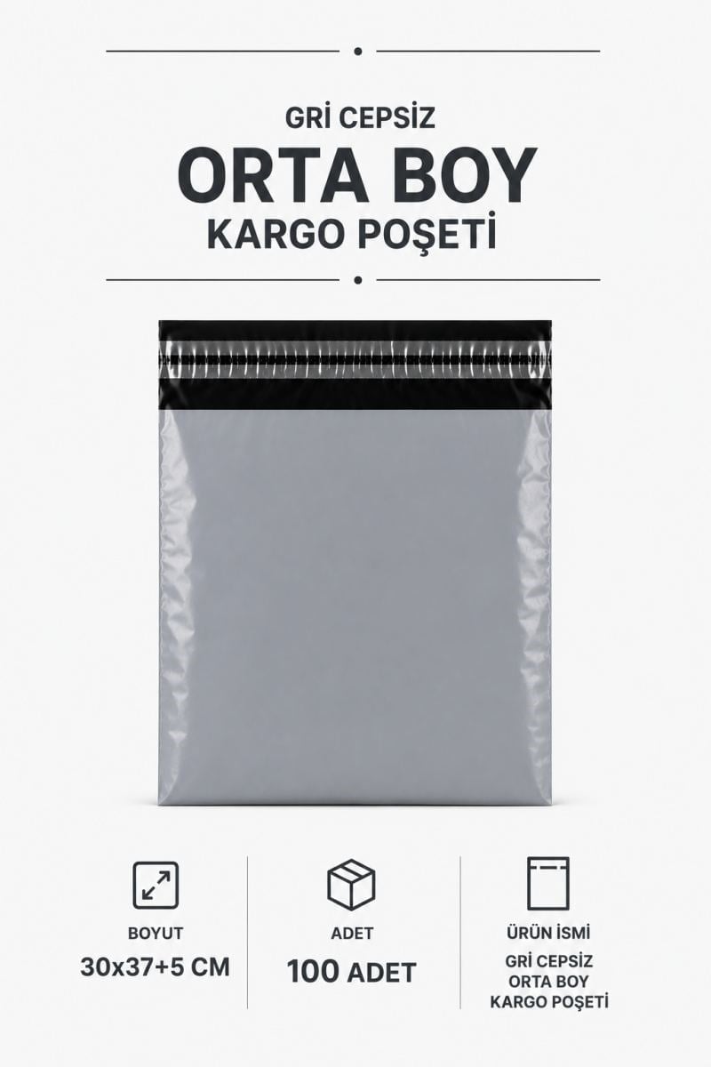 Gri Cepsiz Orta Boy Kargo Poşeti 30x37+5 Cm 100 Adet