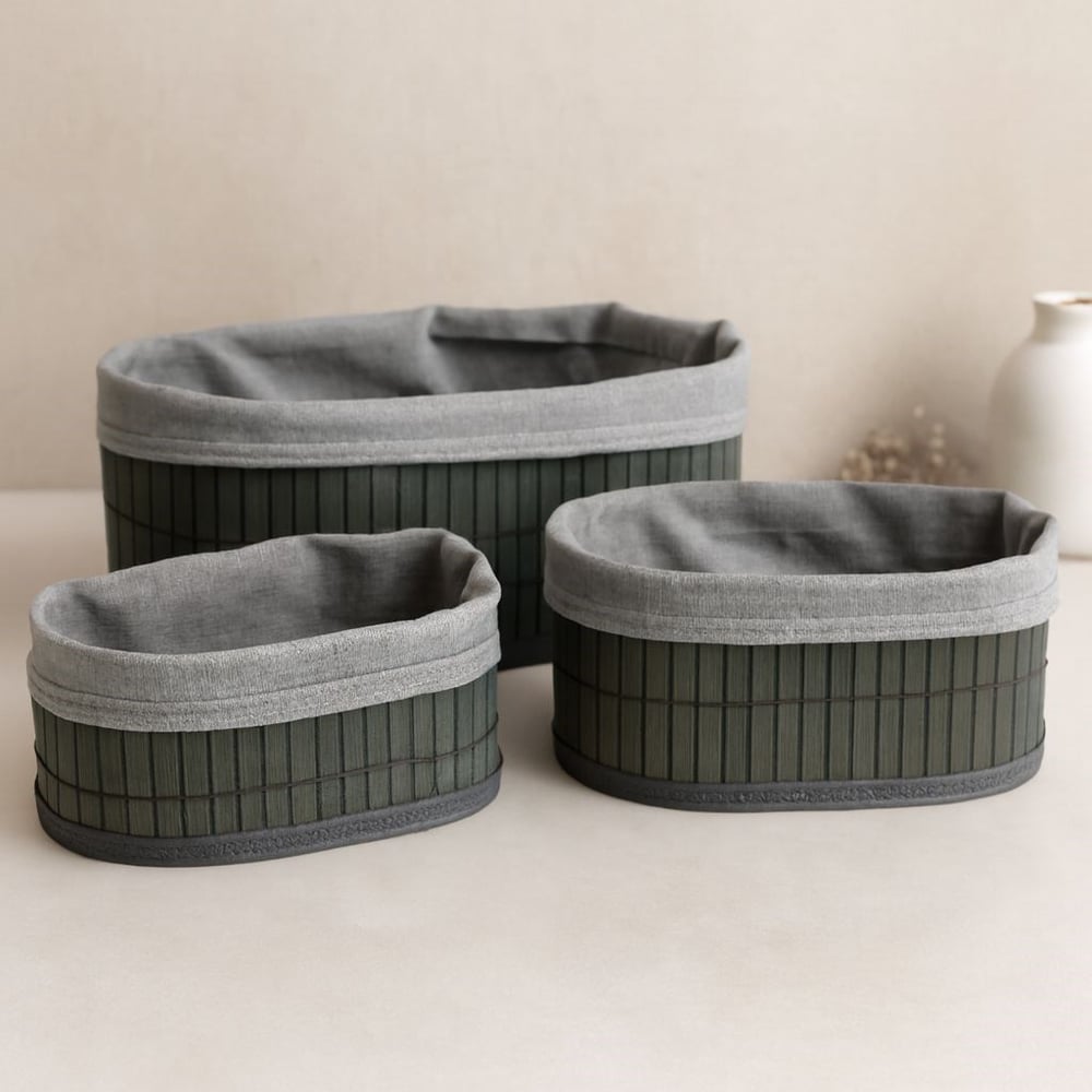 Oval Bambu Kenarlı 3lü Organizer Sepet Seti - Gri