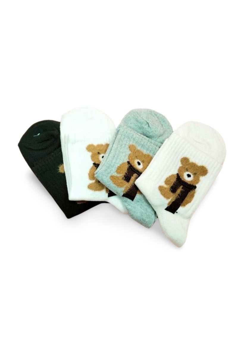 Peluş Ayıcık İşlemeli Kadın Soket Çorap 4 Çift mudanis