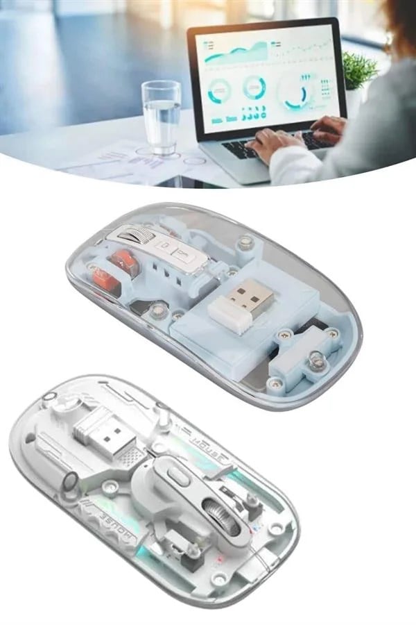 Sessiz Tıklama Çift Modlu Bluetooth Ve Alıcı Şeffaf Mouse Fare