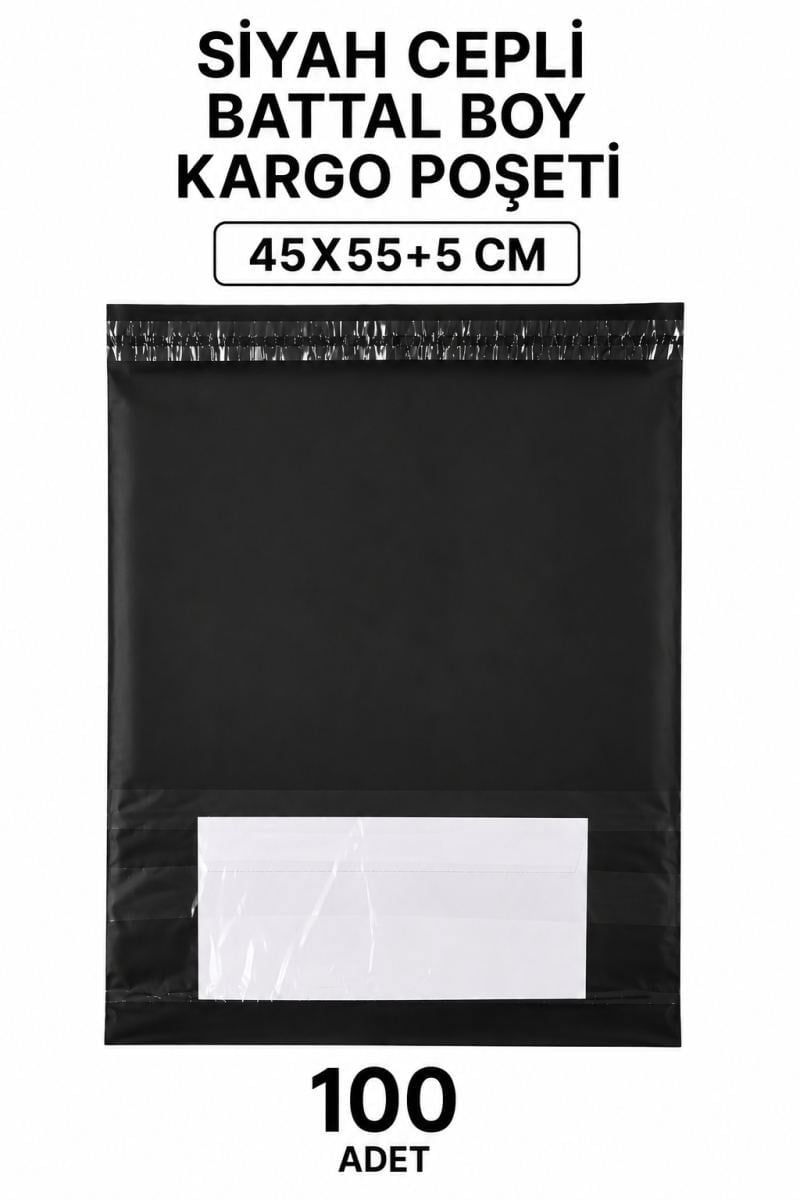 Siyah Cepli Battal Boy Kargo Poşeti 45x55+5 Cm 100 Adet