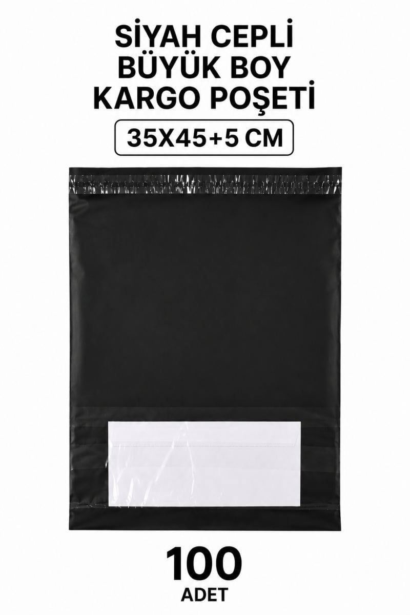 Siyah Cepli Büyük Boy Kargo Poşeti 35x45+5 Cm 100 Adet