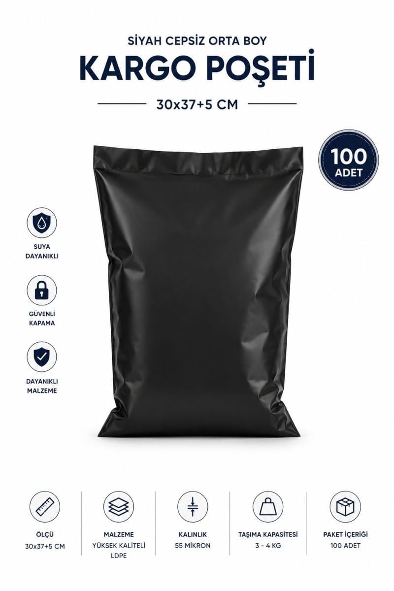 Siyah Cepsiz Orta Boy Kargo Poşeti 30x37+5 Cm 100 Adet