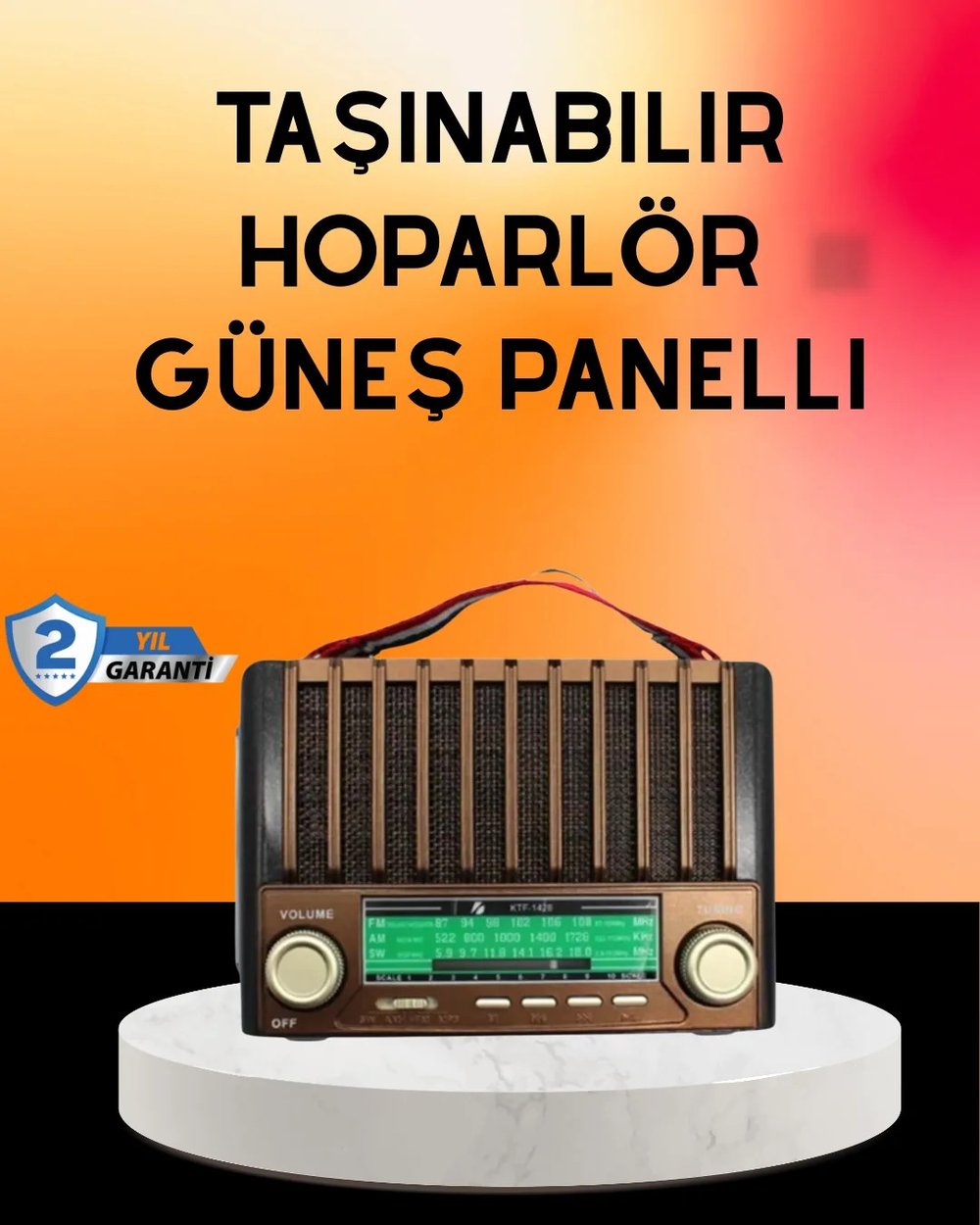 Solar Şarjlı Taşınabilir Radyo Bluetooth Hoparlör USB SD Destekli