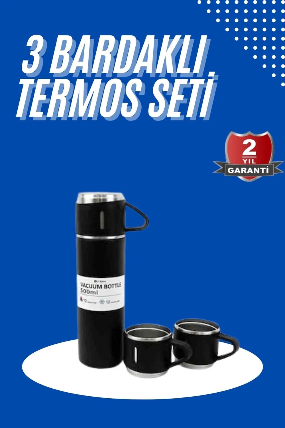 Termos Seti 3lü Bardak Seti Isı Dayanıklı Siyah Paslanmaz Çelik Vakumlu