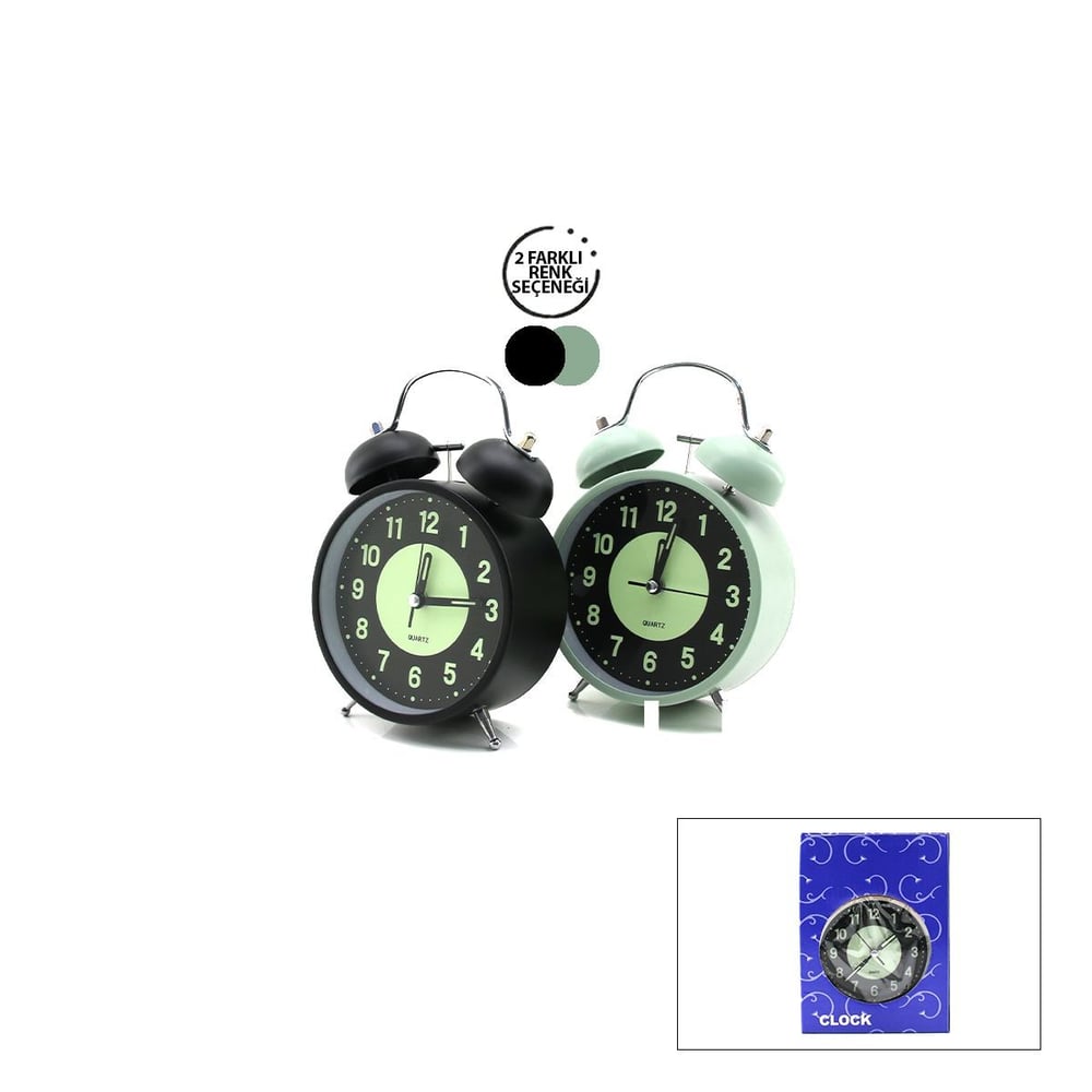 Twin Bell Metal Masa Çalar Saat 11 cm – Pilli, Işıklı, Fosforlu