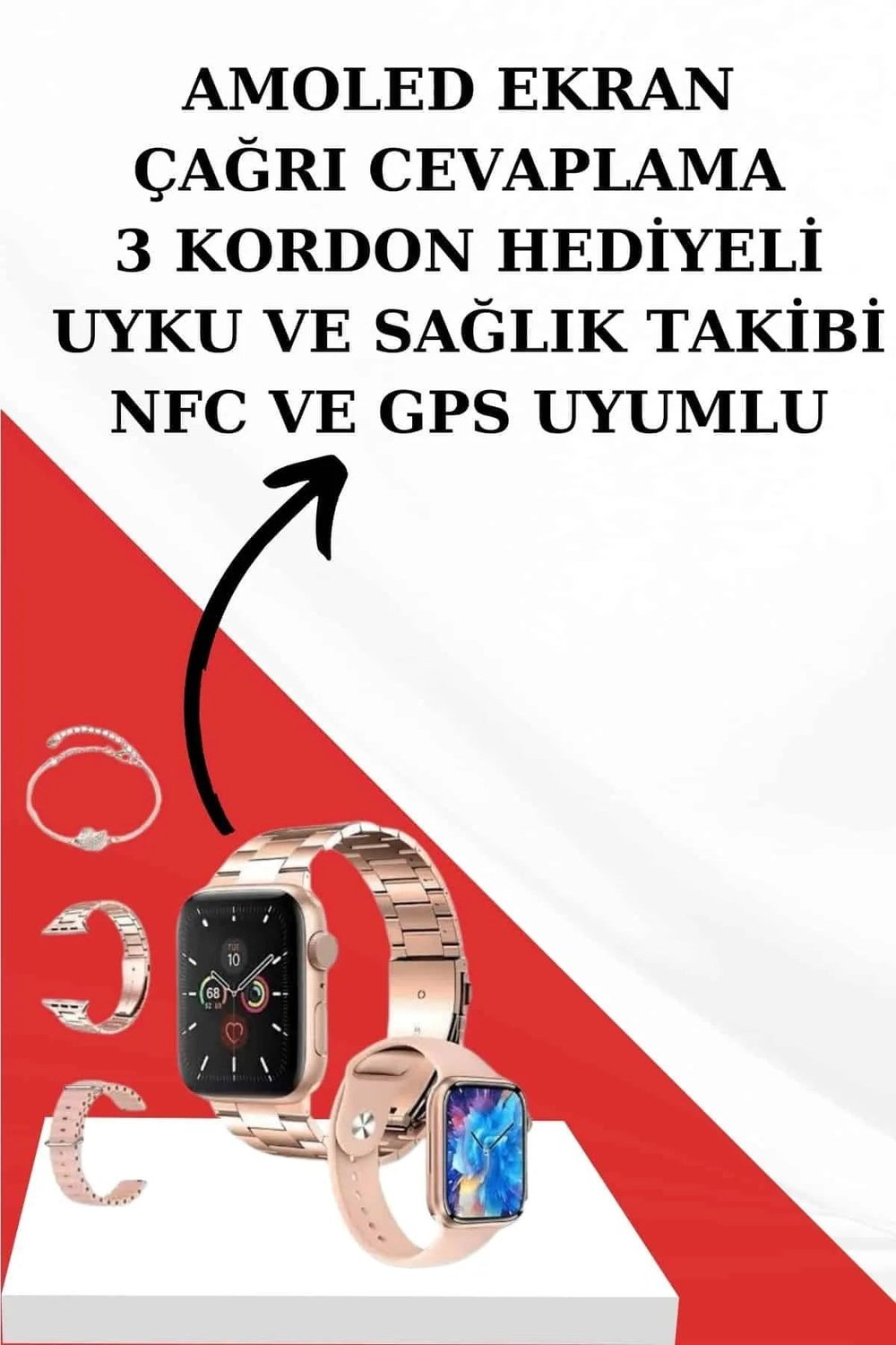 Wireless Şarjlı Pembe Akıllı Saat ve Kablosuz Bluetooth Kulaklık Dokunmatik Kontrol